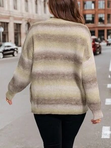 SHEIN Clasi 大码套头毛衣，优雅渐变条纹长袖套头毛衣，适合秋冬季节穿着，条纹针织毛衣，女士毛衣，秋季毛衣，渐变色毛衣，女士秋季秋装，女士秋季大码装，女士秋季秋装，女士冬季秋装 - 彩色 - 查看 5