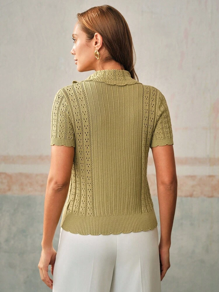 Blusa de punto elegante de manga corta con cuello polo y diseño calado en color verde para mujer