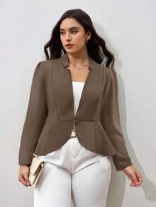 SHEIN Clasi Plus Notched Detail Ruffle Hem Blazer,Business Casual Woman In Fall/Winter - Camel - View 5