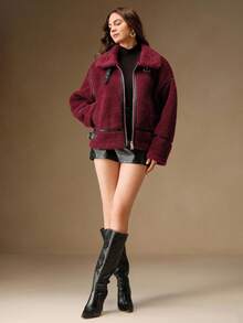 Anewsta Women's Casual Faux Leather Patchwork Lamb Wool Blend Short Loose Fit Jacket, Autumn/Winter - Burgundy - View 4