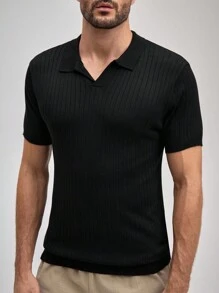 Officeau Polo de punto de manga corta con cuello casual y sólido para hombre, Old Money de primavera a verano - Negro - Ver 6