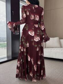 Modelyn Women's Floral Print Ruffle Flare Sleeve Elegant Dress - Burgundy - View 2