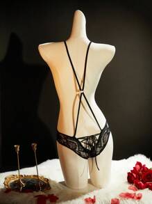 SpicyHot 3pcs Contrast Color Bandage Criss-Cross Tassel Glitter Lash Lace-Up Ultra Sexy Lingerie Bodysuit For Women, Going Out