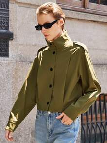Lumivelle Women's Loose Casual Long Sleeve Single-Breasted Short Jacket, Autumn Fall Winter Cloth For Women - Army Green - View 4