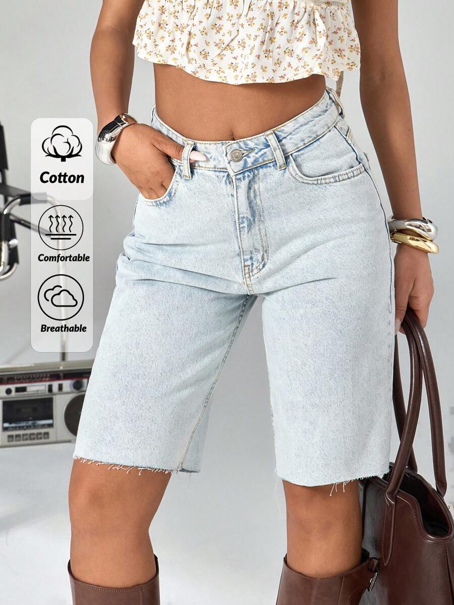 CasuGlow HIGH WAIST STRAIGHT CUT MIDDLE LENGTH RAW HEM JEAN SHORT - 378 GR - Light Wash - View 1