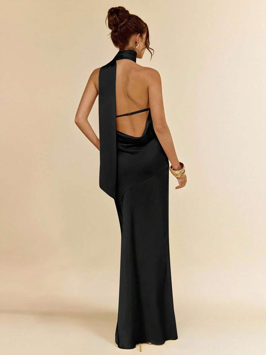 SHEIN BAE Sexy minimalistisches einfarbiges gelbes Satinkleid mit asymmetrischer Schulter, offenem Rücken und Schleife, geeignet für Partys, Cocktails, formelle Anlässe, Brautjungfern, Geburtstage, Frühling/Sommer - Schwarz - Übersicht 1