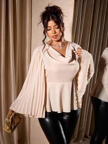 Allurite Christmas Plus Size Women's Loose Draped Collar Cinched Waist Satin High-Quality Blouse, Pleated Sleeve Long Sleeve Shirt Fall Cloth For Women - Apricot - View 4