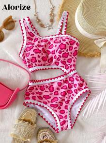 女童豹纹镂空荷叶边连体泳衣 - 彩色 - 查看 1