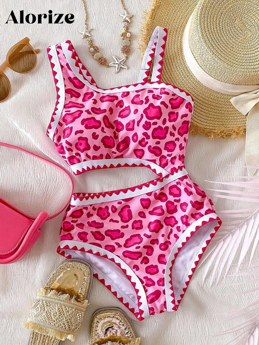 女童豹纹镂空荷叶边连体泳衣 - 彩色 - 查看 1