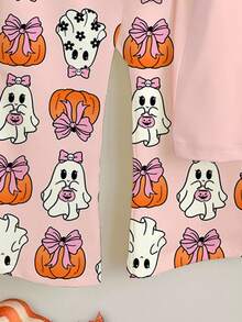 SHEIN 万圣节女婴休闲可爱怪异搞笑卡通鬼魂、蝙蝠、蝴蝶结南瓜“BOO”印花短袖圆领裤套装，适合春夏季 - 彩色 - 查看 6