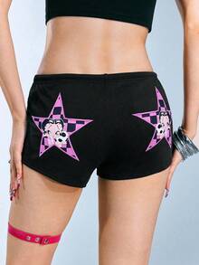 Betty Boop | ROMWE 女式休闲街头时尚骑行风格抽绳腰部卡通人物和数字印花撞色条纹侧短裤，夏季 - 黑色 - 查看 9