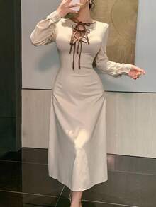 DAZY Women's Elegant Contrast Color Tie Waist Mid-Length Dress, Autumn Maxi Dress - Beige - View 3