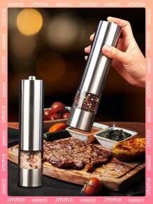 JMMO 1 件电动盐和胡椒研磨机，自动单手操作可调节不锈钢研磨机，自动胡椒研磨机，电子可调节胡椒研磨机，适用于厨房工具（不含电池） - 銀色 - 查看 1