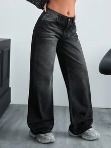 EURMUSE Damen Jeans mit weitem Bein und niedriger Taille - Mittele Waschung - Übersicht 4