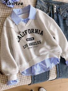 青少年女孩休闲运动衫，百搭校园/通勤风格，2 合 1 衬衫领运动衫，数字和字母，豹纹，宽松版型