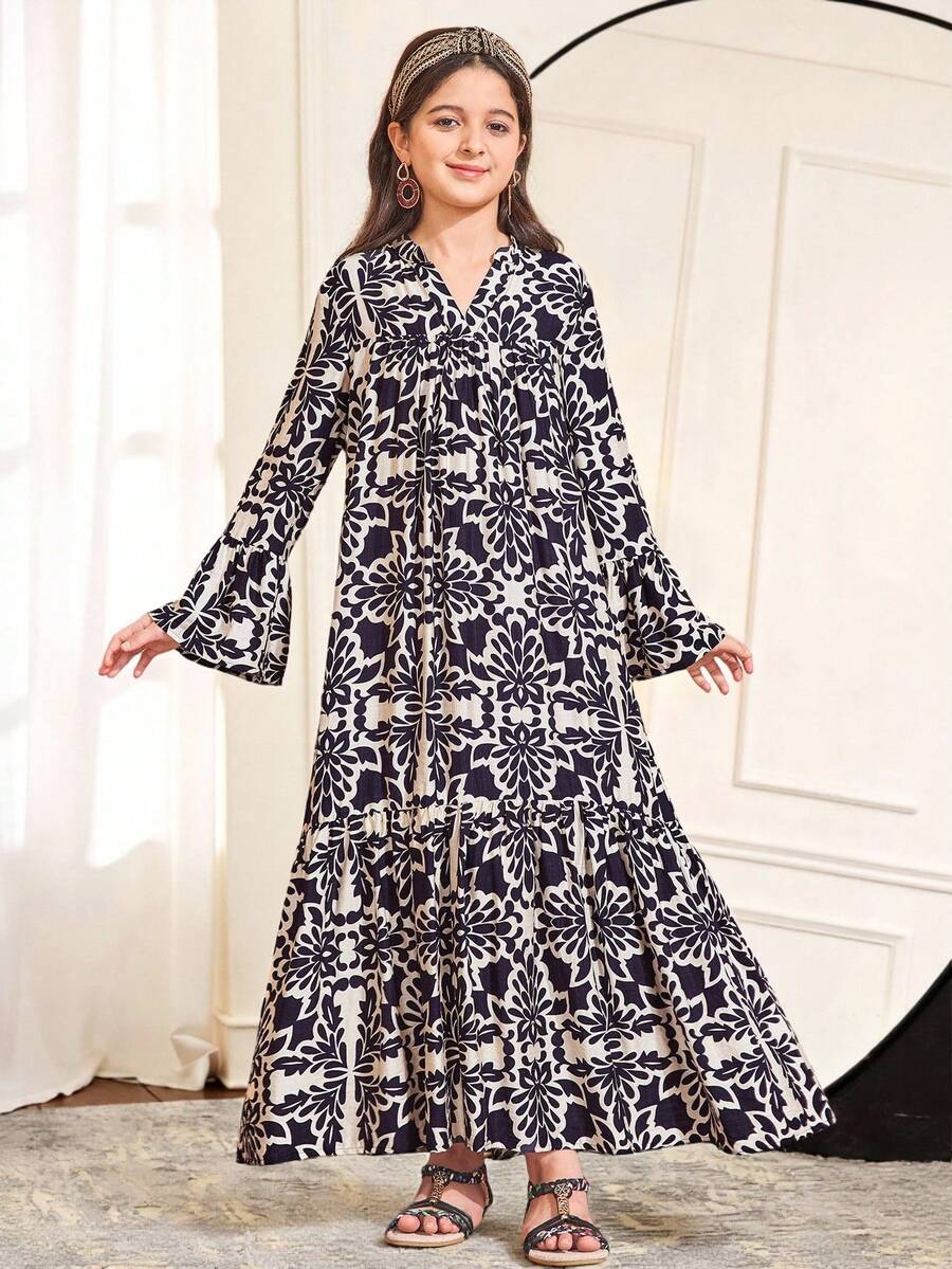 SHEIN Tween 女童复古印花长袖 A 字形宽松度假连衣裙 - 藏蓝色 - 查看 1