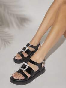 SHUZIA Ladies" Crystal Decorated New Outdoor Comfortable All-Match Flat Sandals - Black - View 5