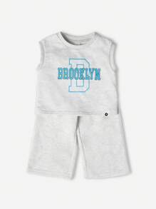 SUMWON 男婴布鲁克林运动套装无袖背心和阔腿慢跑裤夏季休闲街头服饰运动校队字母印花 - 灰色 - 查看 6