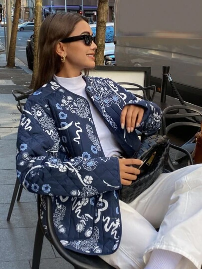 DAZY 秋冬季加厚深色底花卉植物印花轻薄短款休闲户外街头风女式外套