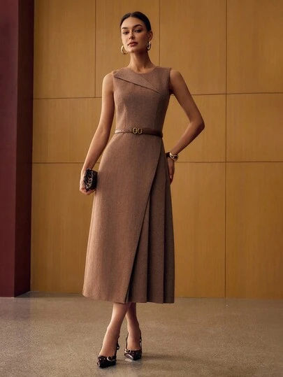 MOTF PREMIUM WOOL WRAP A-LINE MIDI DRESS