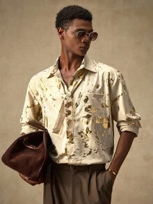 AKNOTIC Business Casual 男士杏色前开襟纽扣领休闲宽松箔面衬衫，Emo风格，适合秋季，长袖上衣 - 杏色 - 查看 3