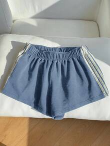 Comfortcana 复古水洗蓝色针织阔腿休闲短裤 - 藍色 - 查看 4