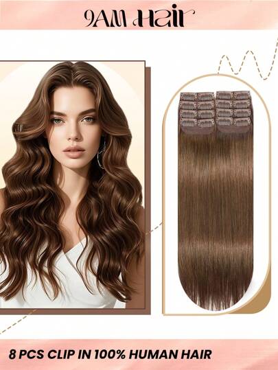 8PCS With 16 Clips Straight Clip In Hair Extensions 100% Real Human Hair Color 4# Light Brown 12-18 Inch Double Weft Invisible Clip Hair Extensions Remy Natural Human Hair For Women Girl Daily Full Head Use