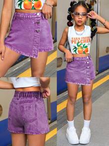 SHEIN Tween Girl Summer Y2K Casual Boho Asymmetrical Button Denim Skort, For Girls Summer Clothes Vacation And Daily Streetwear