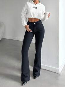 SHEIN Tall Pantalón vaquero negro de tiro alto y campana, 98% algodón, para personas de estatura alta - Negro - Ver 3