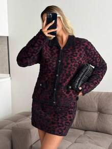Women Leopard Pattern Polo Neck Front Button Hairy Yarn Cardigan & Sweater Skirt Set - Multicolor - View 5