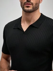 Officeau Polo de punto de manga corta con cuello casual y sólido para hombre, Old Money de primavera a verano - Negro - Ver 5