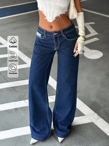 EURMUSE Raw Wash High Waist Casual Wide Leg Jeans Low Rise Jeans Y2k Jeans Flared Jeans - Dark Wash - View 4