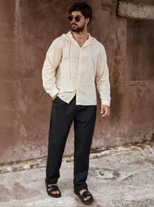 Manfinity Homme Camisa casual con capucha de manga larga y botones delanteros de unicolor para hombres, para el otoño - Albaricoque - Ver 3