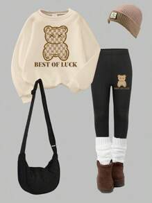 SHEIN 年轻女孩休闲时尚创意花卉、可爱熊和字母印花圆领运动衫和打底裤套装长袖服装搭配服装秋季服装 - 彩色 - 查看 4