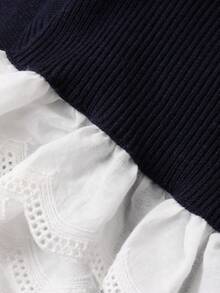 DAZY 女款拼布撞色荷叶边拼接长袖圆领抽绳系带休闲毛衣，秋冬