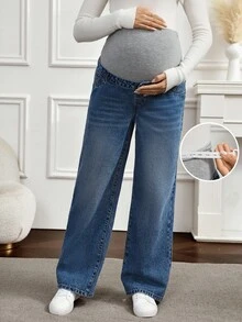 SHEIN Adjustable Waist Wide Leg Loose Maternity Jeans - Dark Wash - View 1