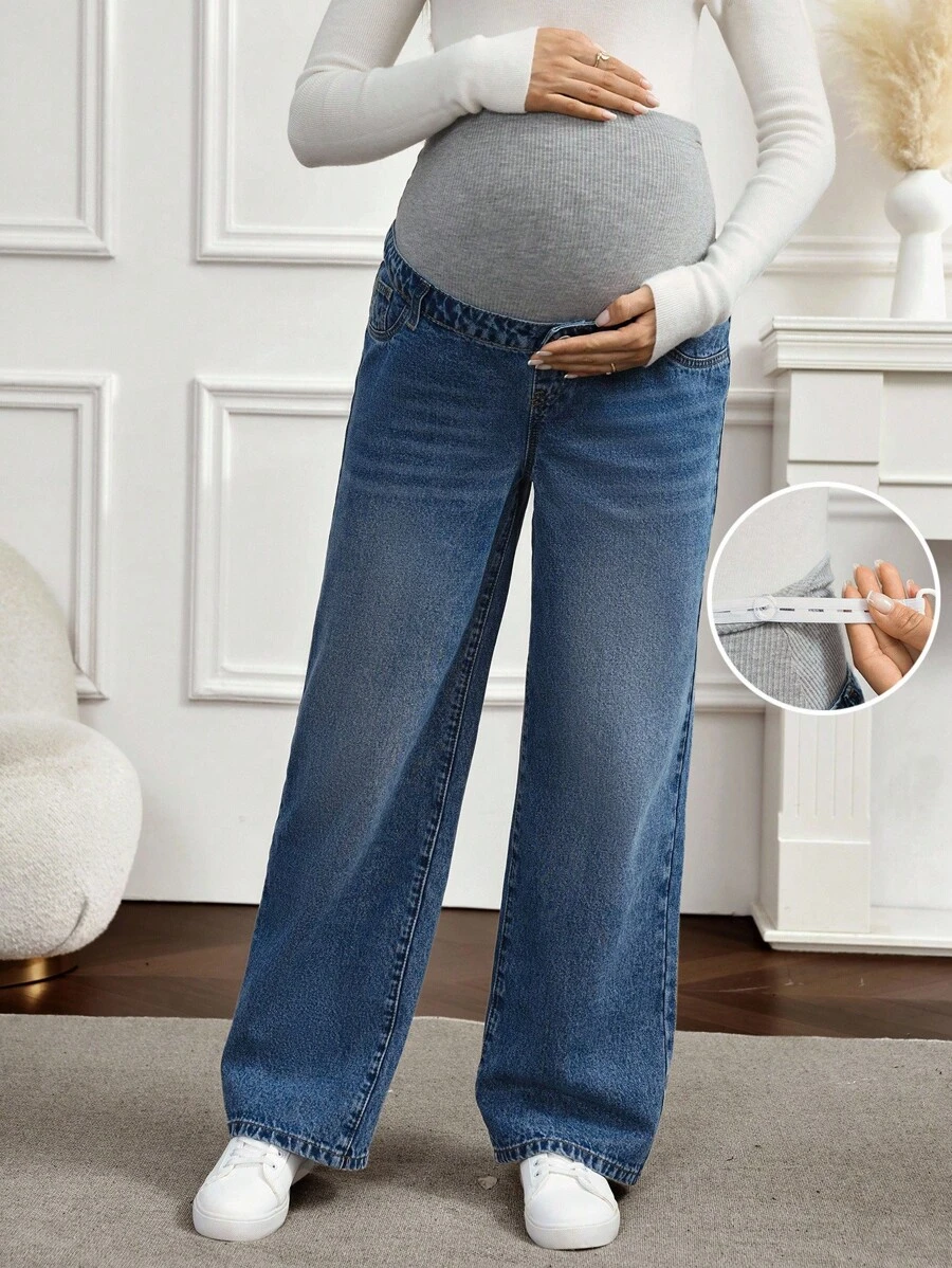 SHEIN Adjustable Waist Wide Leg Loose Maternity Jeans - Dark Wash - View 1