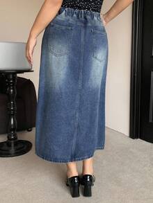 Dazy Plus Chân váy Maxi denim xẻ tà thẳng phía trước màu xanh nhạt, cỡ lớn, mùa thu - Rửa trung bình - Xem 2