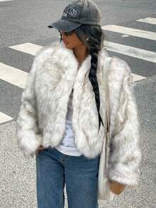 SHEIN EZwear 女士秋冬前开襟短款毛绒外套 - 白色 - 查看 4