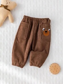 Cozy Pixies Baby Boy Cartoon Bear 3D Pattern Knitted Soft Fleece Elastic Waist Jogger Pants Fall Winter - Brown - View 3
