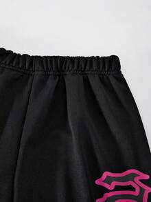 SHEIN Tween女孩秋季套裝 2件組圓領黑色粉色寬鬆圖案印花連帽衫＋寬腿褲套裝 可愛返校休閒運動賽車風 - 深灰色 - 查看 7