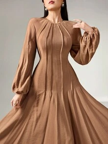 Heiryn Gaun Elegan Wanita Warna Polos Leher Bulat Lengan Raglan Motif Garis-garis, Gaun untuk Wanita Elegan - Khaki - View 6