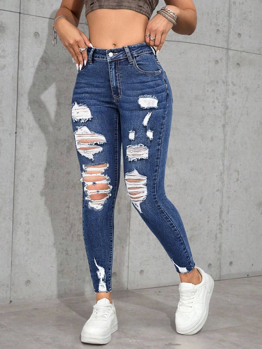 SHEIN PETITE Jeans ajustados informales y versátiles con bolsillos y desgaste para mujeres - Azul lavado oscuro - Ver 1