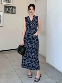 DAZY 女式花卉印花纹理 V 领无袖牛仔短款上衣和宽松长裙 2 件套休闲度假牛仔套装 - 深色水洗藍 - 查看 7
