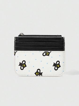 Kawaii Portacarte e portamonete con motivo a pois e api su tutta la superficie