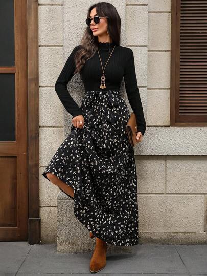 EMERY ROSE Women's Floral Print Stand Collar Elegant Long Sleeve Dress Maxi Long Sleeve Dress Long Casual Dress Animal Print Maxi Dress Modest Maxi Dress Black Tie Waist Maxi Dress Fall Clothes For Women,Fall Dresses For Women,Dresses For Women Elegant  Dresses For Women Elegant  Dresses For Women Elegant
