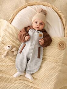 SHEIN Newborn Baby Unisex Plush Bear Hooded Jumpsuit, Casual Color Block Design, Autumn/Winter Baby Clothes, Baby Halloween Costume Newborn Baby Boy Winter Clothes Hooded Baby Jumpsuit Baby Boy Winter Jumpsuit Zip Up Baby Jumpsuit Fall - Multicolor - View 3