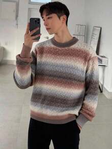 SHEIN Teen Boys' Casual Back To School Stripe Pattern With Gradient Color Comfortable Versatile Colorful Gradient Crew Neck Sweater Winter Wear - Multicolor - View 3