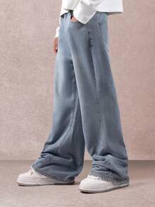 SUMWON 超阔腿喇叭牛仔裤 经典 Y2K 滑板风高腰宽松阔腿裤 街头风长款休闲秋冬裤 纯色 - 淺藍色 - 查看 4