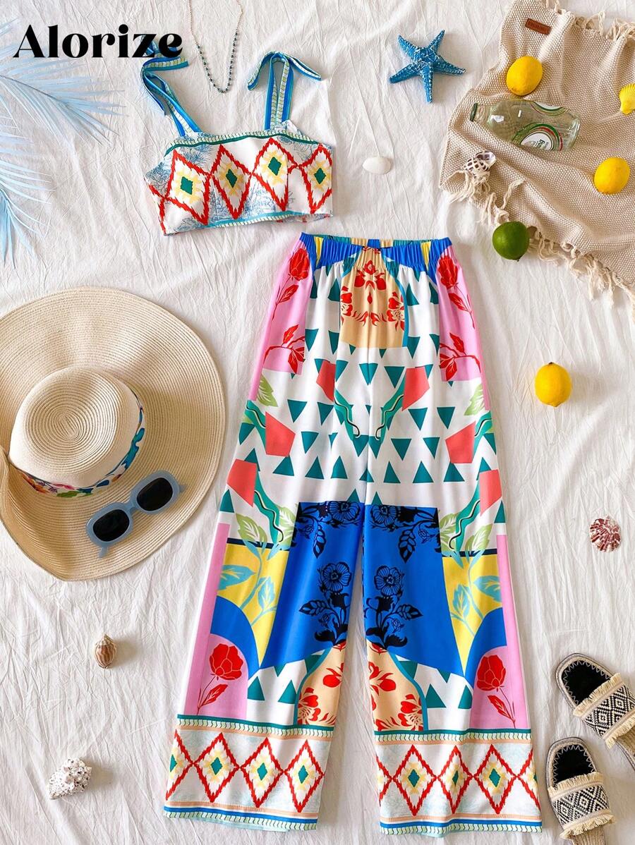2 件女童几何图案吊带背心和松紧腰阔腿裤套装，彩色花卉图案休闲度假装，适合青少年，夏季